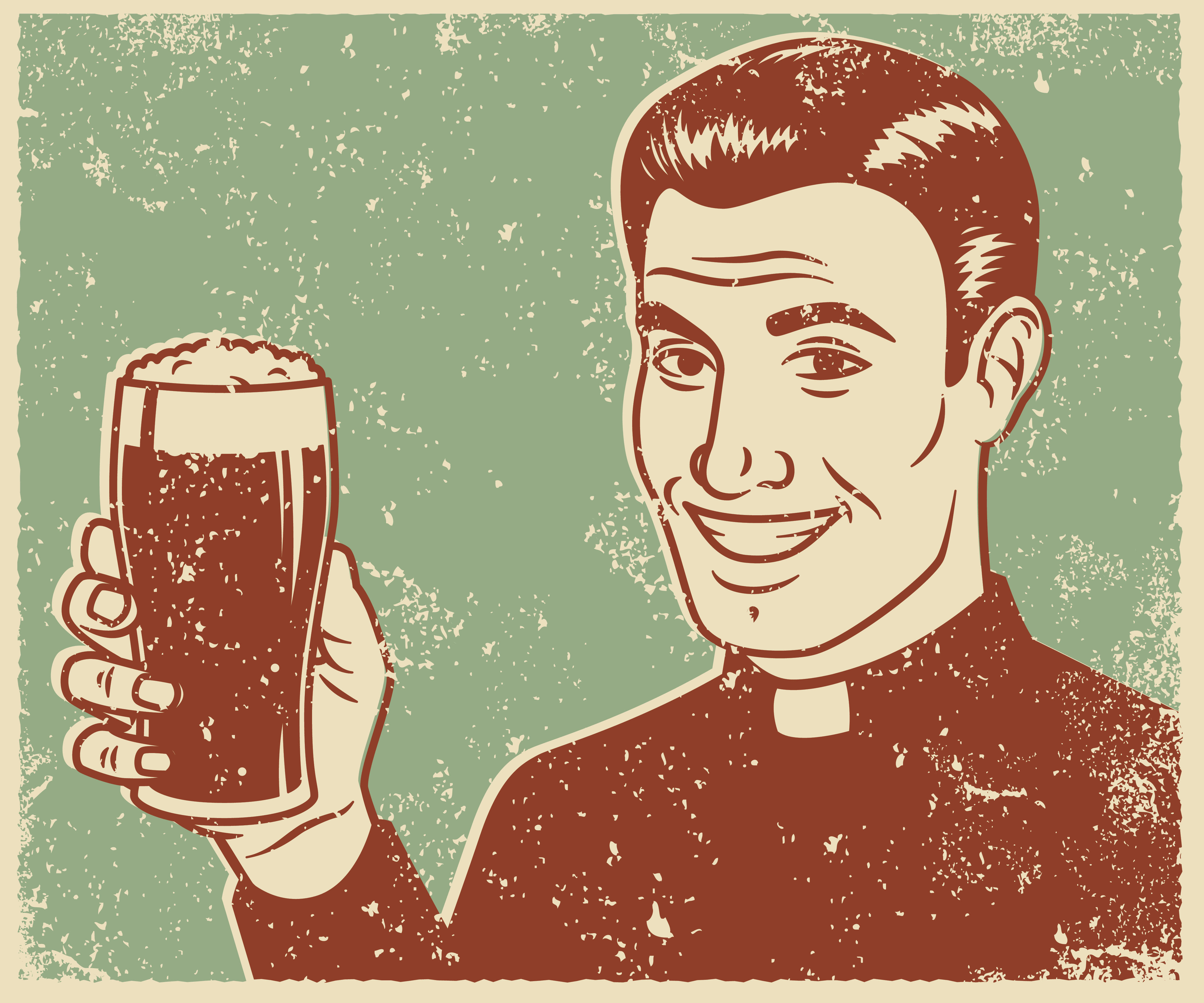 Retro Screen Print Priest with Beer