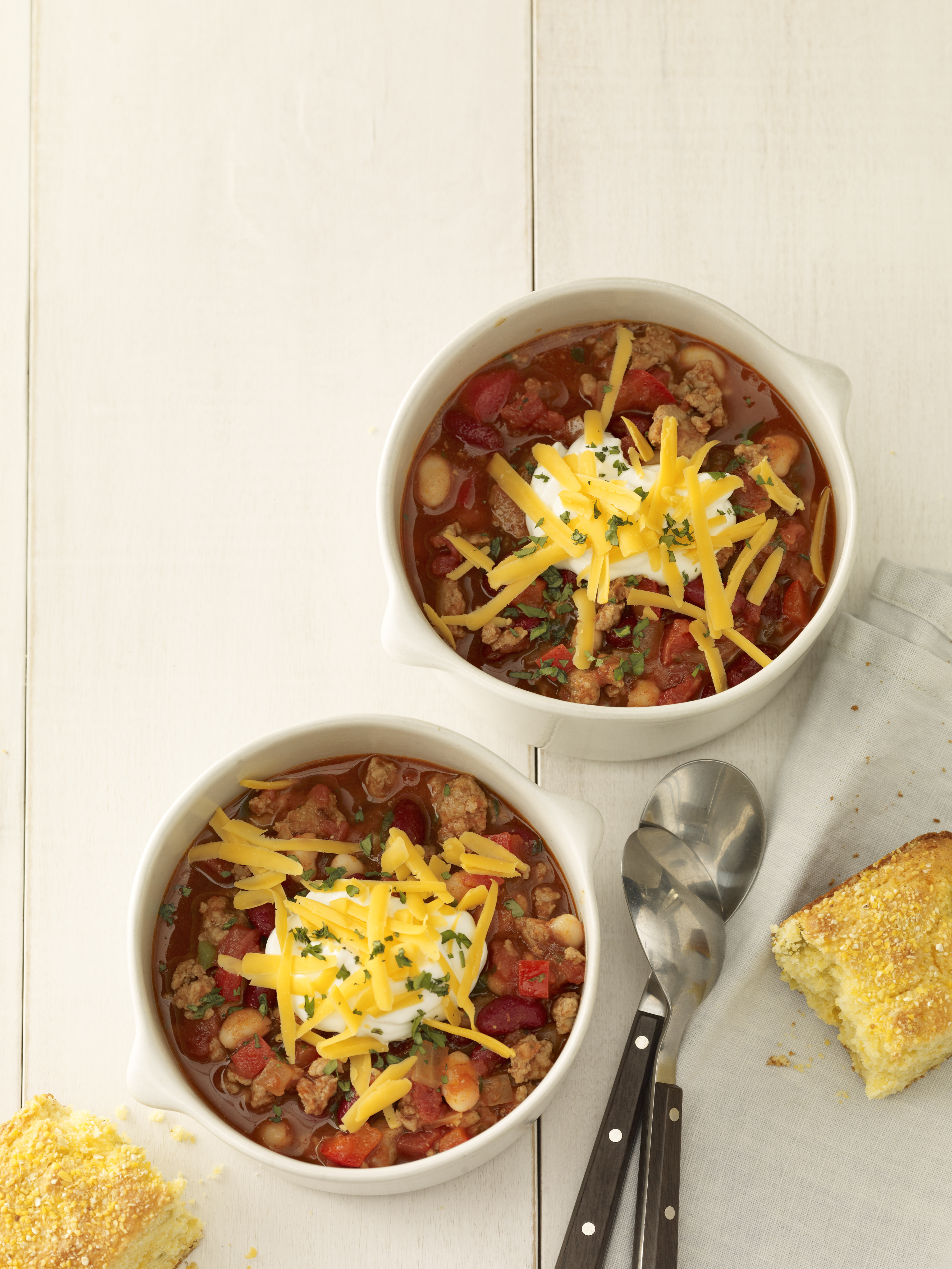 Chili in white bowls