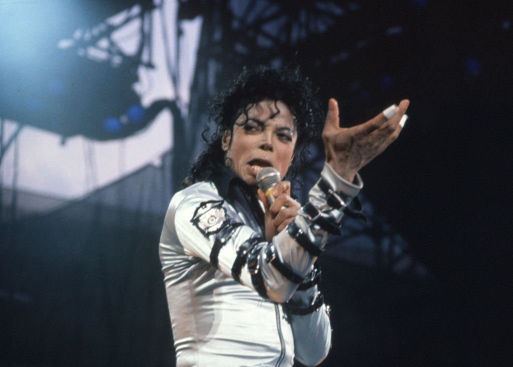 American singer and pop idol Michael Jackson, live on stage at the Amsterdam Arena concert...