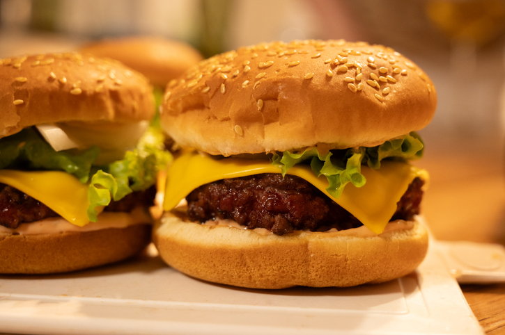 Closeup view of yummy homemade cheesburger